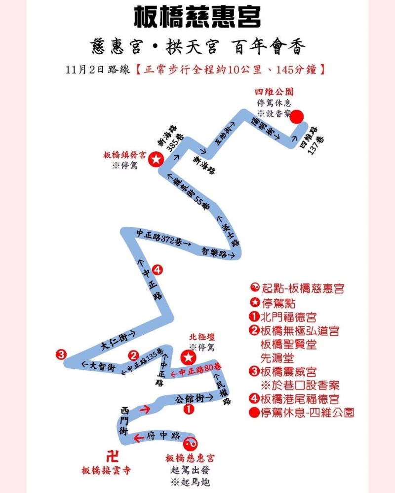 拱天宮白沙屯媽祖遶境板橋 11/1-2交管秒懂 21 《圖說》苗栗拱天宮白沙屯媽祖板橋大會香遶境活動交通疏導圖四。〈板橋分局提供〉