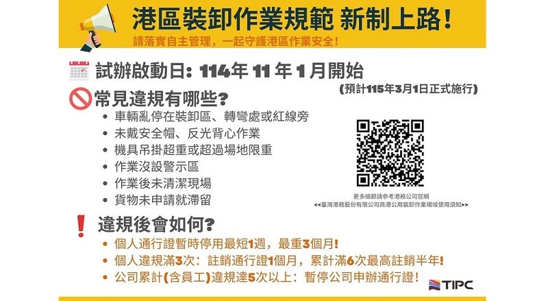 11/1起試辦!港務公司新港區作業安全規定:違規將暫停通行證使用