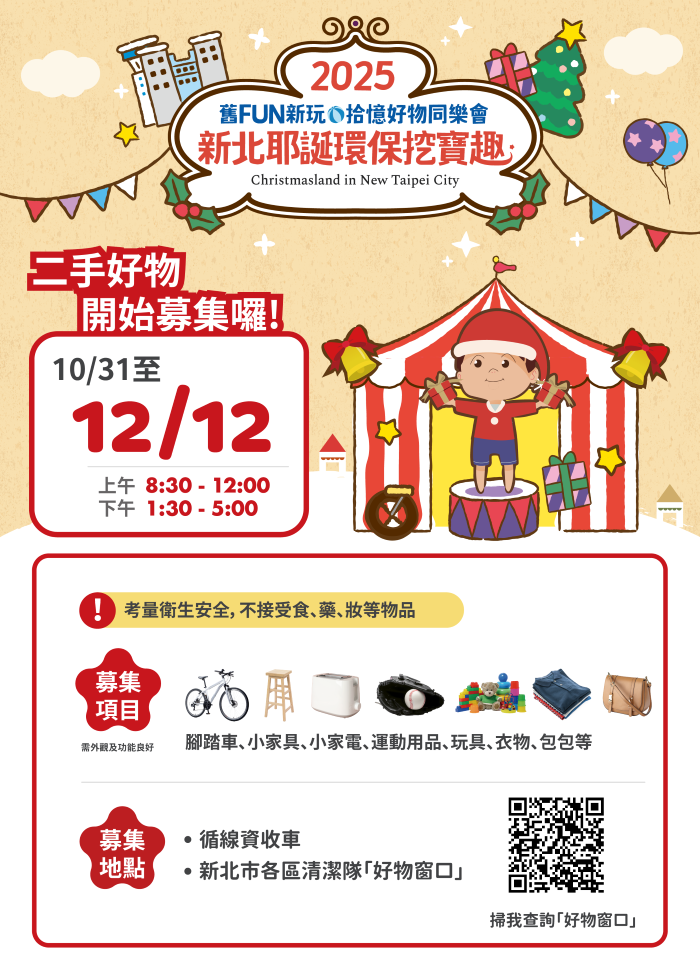 舊FUN新玩•拾憶 耶誕環保挖寶趣召集二手好物 20 《圖說》新北市環保局自即日起至12月12日止發起「舊FUN新玩·拾憶」二手好物召集令。〈環保局提供〉