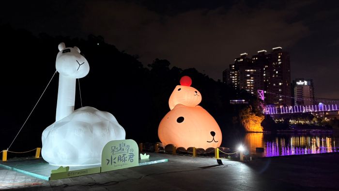 「呆在碧潭の水豚君」開箱 可愛爆擊展至12/28 27 《圖說》景區打造「水陸雙亮點」,水面有巨萌主角水豚君坐鎮,岸邊由人氣好友「駱馬君」陪你一起拍爆相機。〈觀旅局提供〉