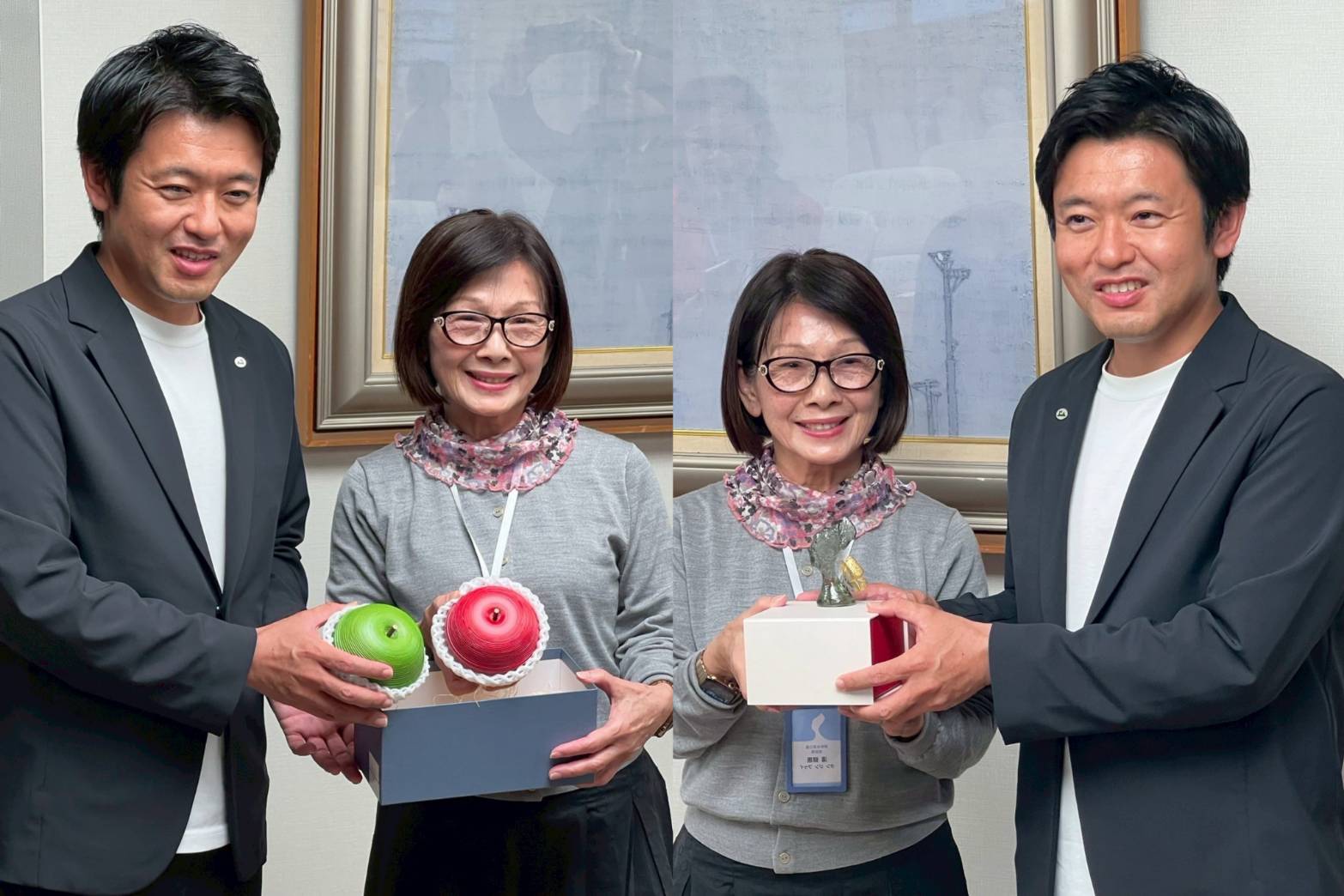 日本青森縣知事宮下宗一郎拿出具有青森縣代表性的蘋果與野柳地質公園營運團隊新空間有限公司總經理湯錦惠拿出飛耀女王頭的造型藝術品交換紀念品，表達下次訪台一定要想盡方法再度安排造訪野柳。