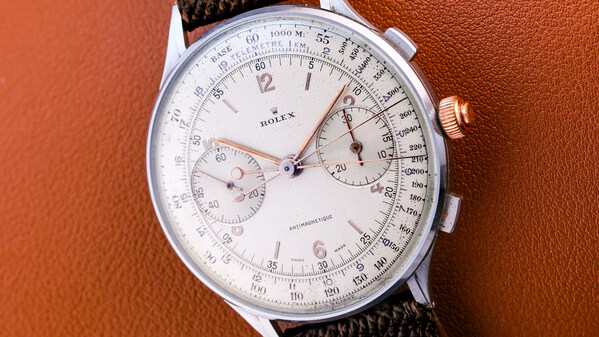 Rolex Reference 4113 "Anti-magnetic", serial number 051 319, featuring the distinctive pink gold crown and stainless-steel case measuring 44 mm in diameter Rolex Reference 4113 "Anti-magnetic", serial number 051 319, featuring the distinctive pink gold crown and stainless-steel case measuring 44 mm in diameter