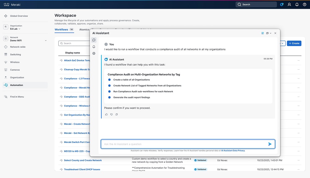 即日起,Meraki、Catalyst、ISE、Nexus 等平台的工作流程可透過 AI 助理自動化執行,簡單指令即可完成過去需手動操作的任務。