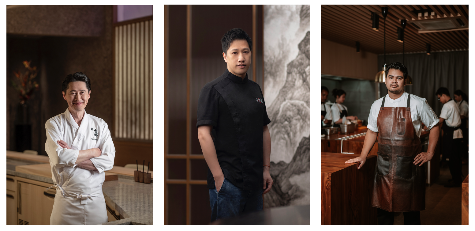 （左起）宮川政明大廚、徐涇業大廚、Aditya Muskita大廚將於「澳門銀河」呈獻 Tatler Off Menu主理「海洋」主題創作。