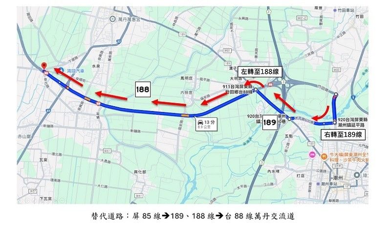 台88線西向屏東竹田終點至高雄大發 路面AC夜間施工實施交管
