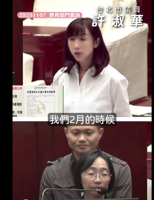 台北市議員許淑華質詢北市體育局與兆豐產險簽訂無效保單。(翻攝畫面)