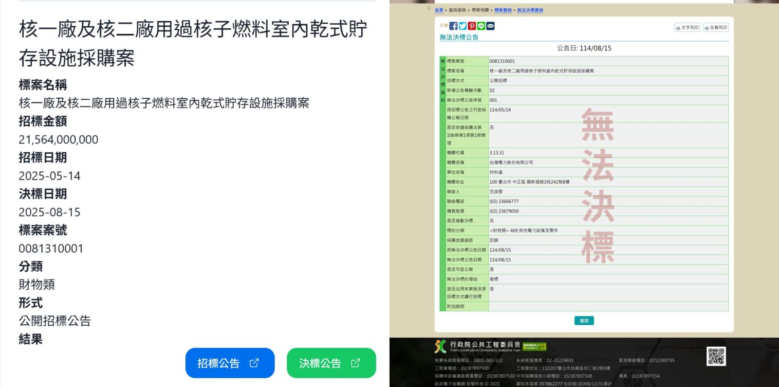 【獨家/台電215億標案爆爭議2-1】核一、核二廢料貯存設備招標遭控程序不公及國安疑慮 226 【獨家/台電215億標案爆爭議2-1】核一、核二廢料貯存設備招標遭控程序不公及國安疑慮 225