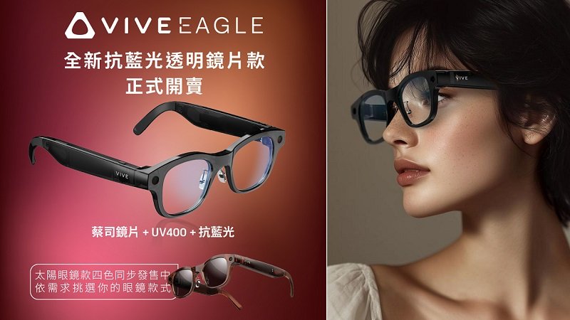 HTC推出VIVE Eagle 抗UV及抗藍光透明鏡片款 功能再升級 AI 連續對話模式登場