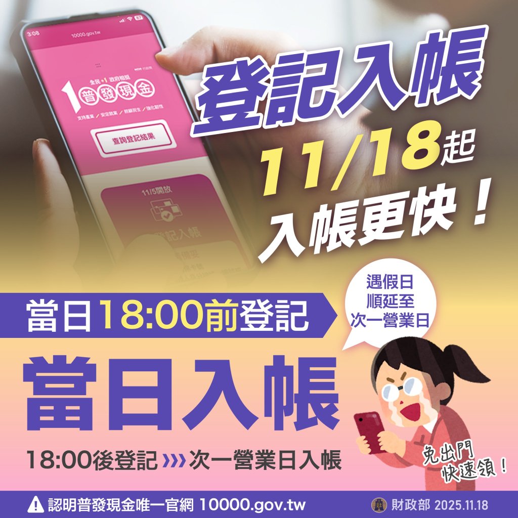普發現金11/18起登記入帳更快了!-當日1800前登記當日入帳