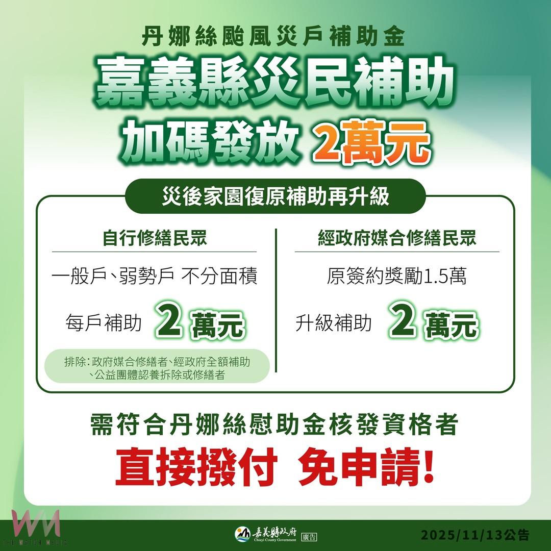 嘉義縣加發2萬元丹娜絲風災加速重整補助金 - https://www.watchmedia01.com