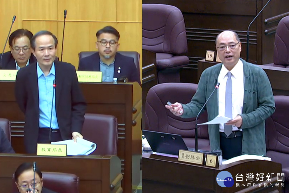 針對大竹和五福國小議題，桃議員劉勝全質詢教育局長劉仲成。