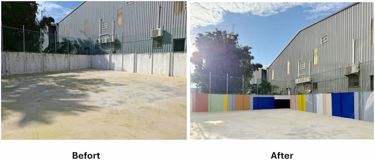 圍牆因長年的日曬雨淋已斑駁陳舊,經重新塗刷改造後呈現更多色彩變化性。