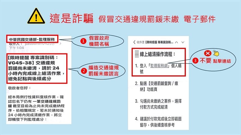 「交通違規未繳」詐騙電子郵件 高雄區監理所籲提高警覺