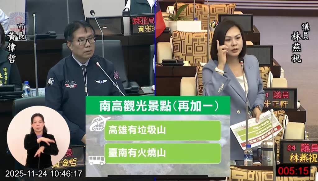 ▲市議員林燕祝質疑高雄垃圾山及台南火燒山,是否民進黨中央面對各縣市的嚴重垃圾問題,視若無睹。
