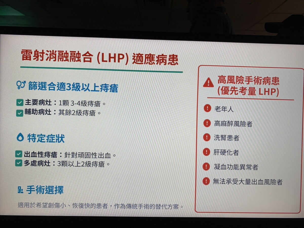 謝孟樵醫師簡報說明新引進「雷射痔瘡消融手術」與「組織凝集儀痔瘡切除手術」兩項微創技術，推動痔瘡治療新策略。（圖/記者陳惲朋攝）