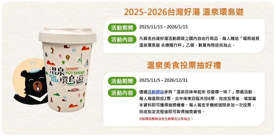 ▲參加任一遊程送喔熊溫泉環島遊隨杯,數量有限。(可樂旅行社提供)