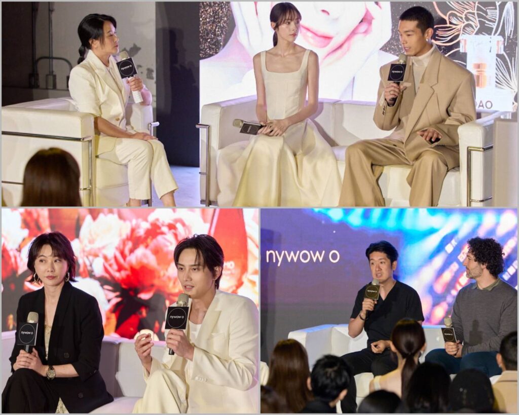 「牡丹花后油」全球發表會現場,品牌 nywow o 邀請金鐘新人林奕嵐與多位專家登台對談,分享科技與植物交織的美學哲學。沉浸式光影與花卉意象交融,展現品牌獨到的感官敘事。( 圖 / nywow o提供 )