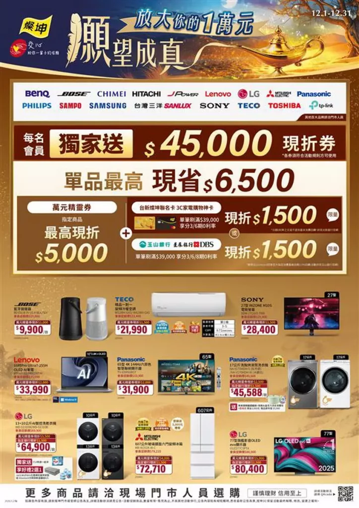 燦坤禮遇會員推出「願望成真-放大你的一萬元」專案 會員獨享45,000現折券,指定單品最高現省6,500元