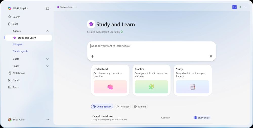 微軟同步推出專為教育場域設計的全新 AI 體驗，包括 Teach 與 Study and Learn 兩款 AI 工具在教育版 Microsoft 365 Copilot 中。
