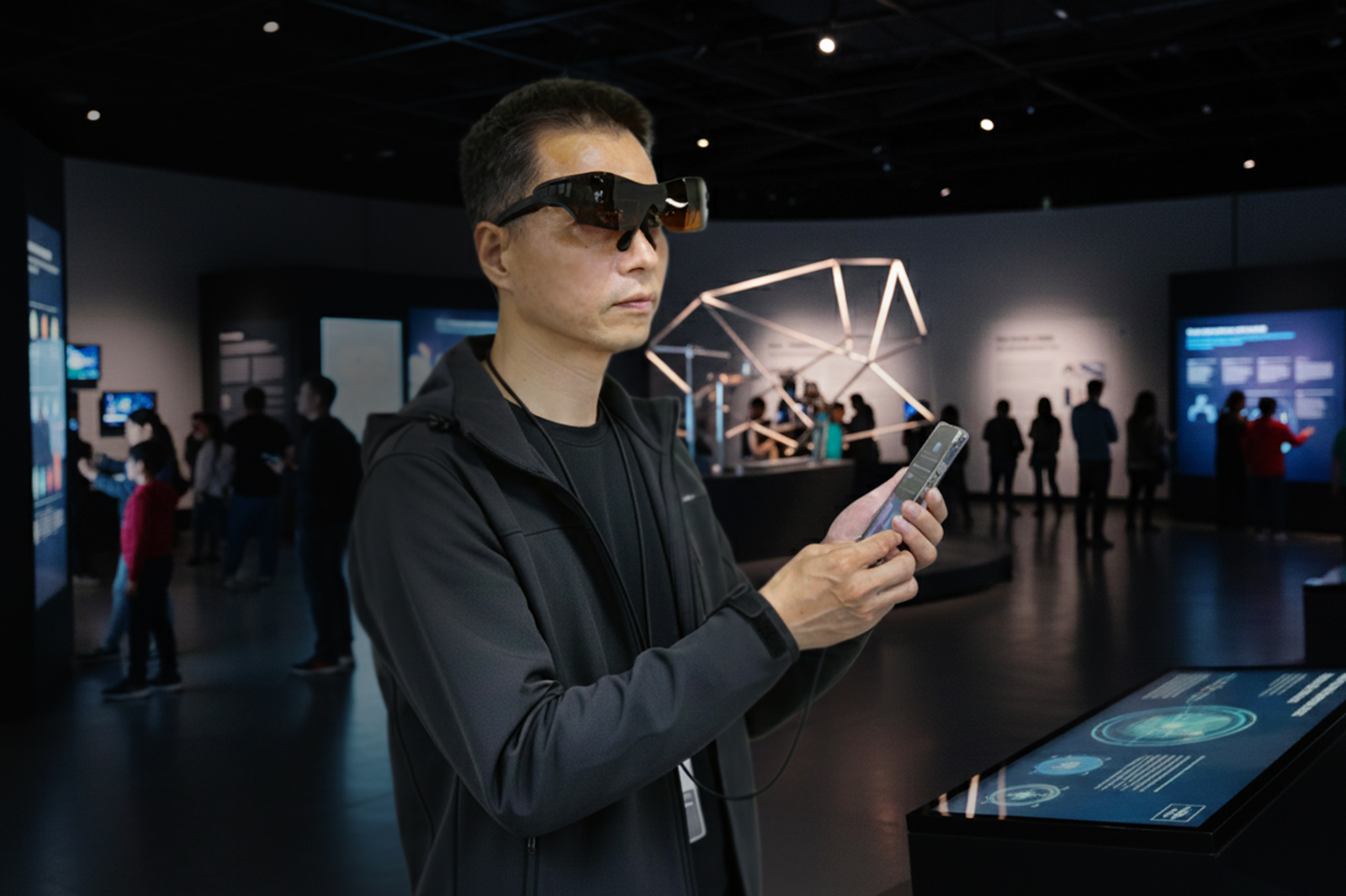 工研院整合AI與5G科技的新世代顯示器技術,攜手錼創顯示科技、追風科技打造出國內首支「彩色高解析Micro LED AI智慧眼鏡」,具備超高解析度、高亮度、低能耗等特性,將可應用在醫療、教育、工業製造等領域提供即時的輔助和指引,提升工作效率和精準度。圖為使用模擬情境。
