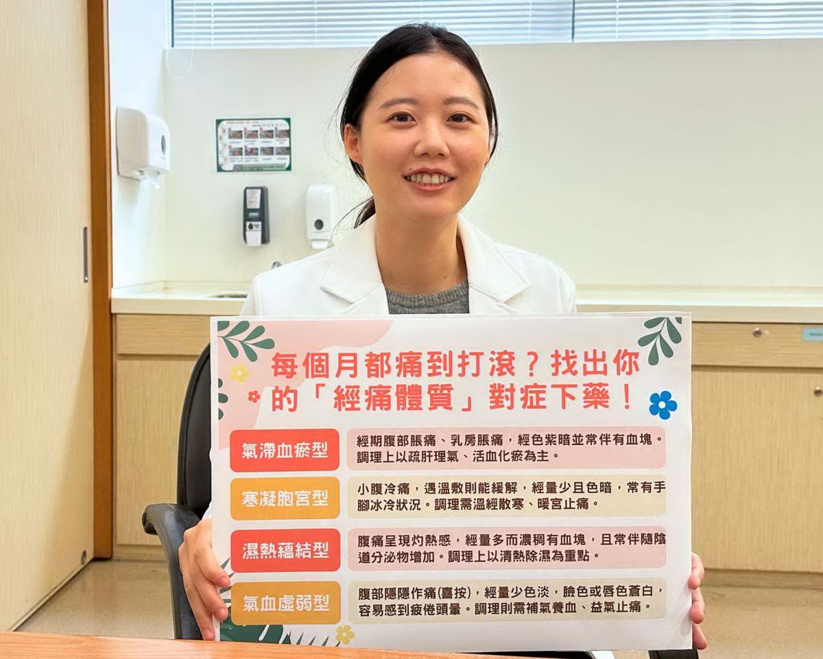 圖／蕭以釧醫師指出，常見的經痛體質有氣滯血瘀型、寒凝胞宮型、濕熱蘊結型、氣血虛弱型四大類型。（恩主公醫院提供）