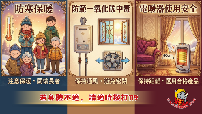 首波冷氣團來襲 新北低溫關懷機制啟動 29 《圖說》防寒保暖、防範一氧化碳中毒、電暖器施用安全需知,若身體不適,適時撥打119。〈消防局提供〉