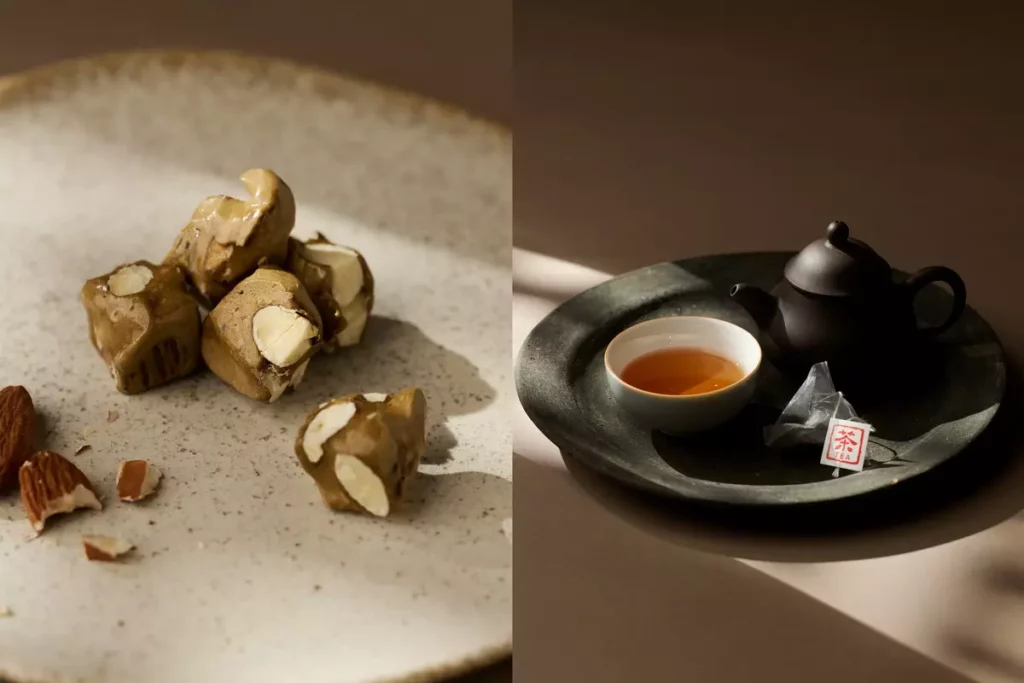 _紅茶杏仁牛軋糖甜度平衡，搭配回甘的萃釅普洱茶入口，風味清爽。圖／TASTE by MMHG