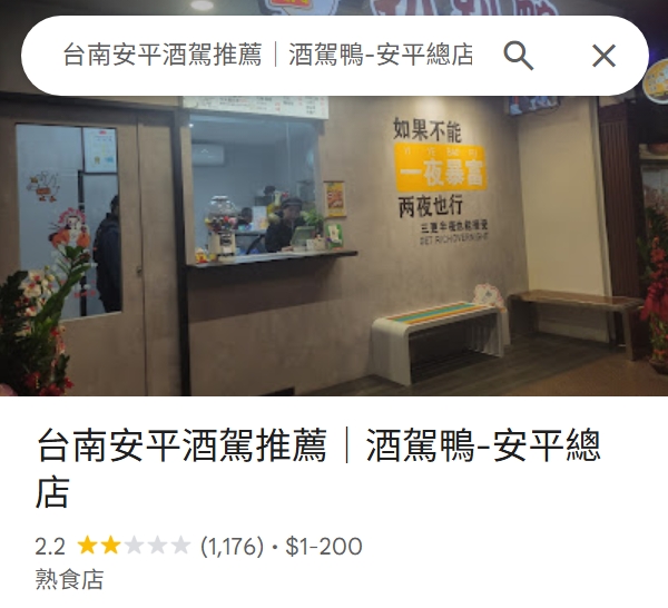 ▲肇事的酒駕男所經營的鹹酥鴨店名遭改成「台南安平酒駕推薦|酒駕鴨-安平總店」(圖/記者王俊勝 截)