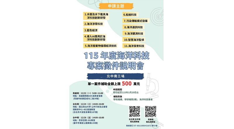 海委會啟動海洋科技專案補助 舉辦北中南3場徵件說明會 促進產學研交流