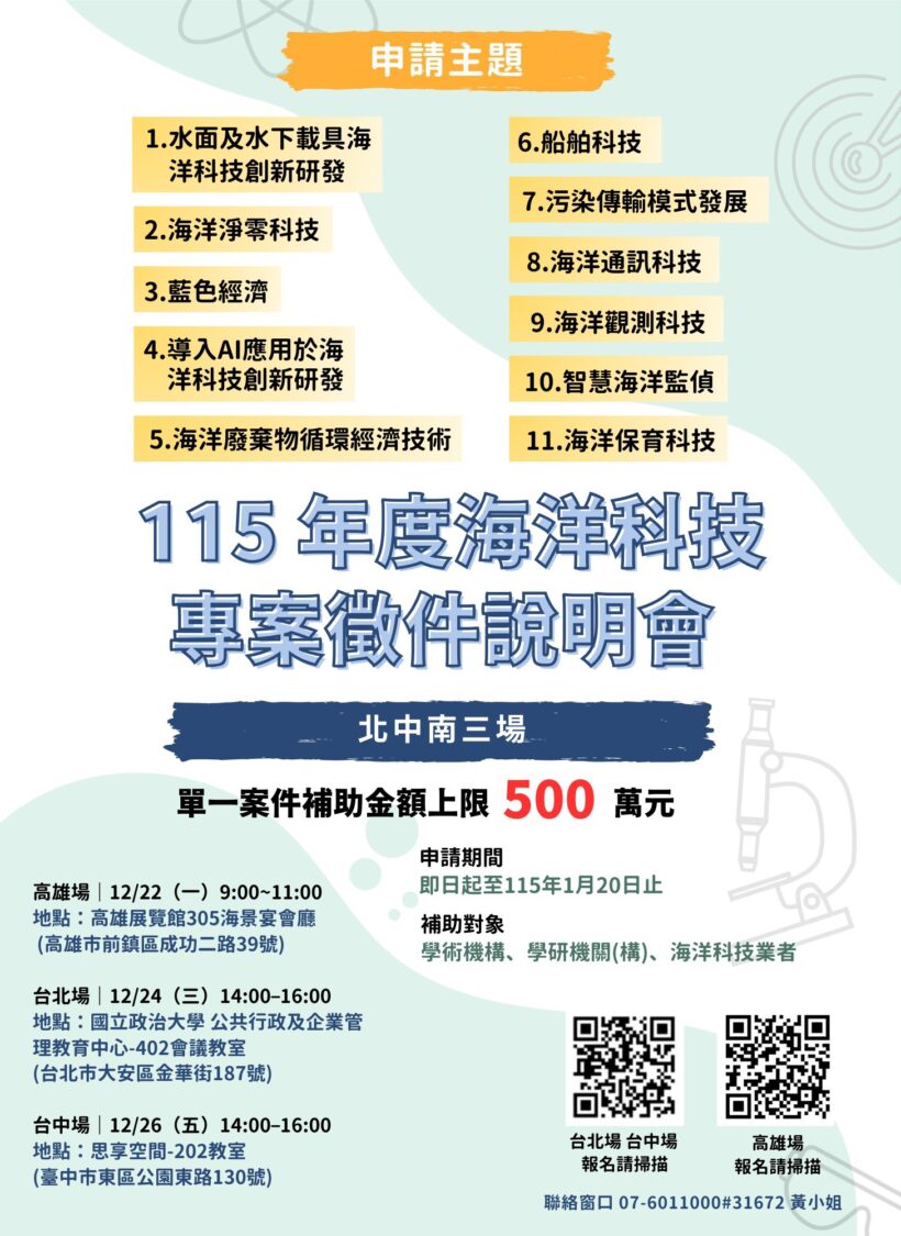 海洋委員會啟動海洋科技專案補助 舉辦北中南3場徵件說明會 促進產學研交流
