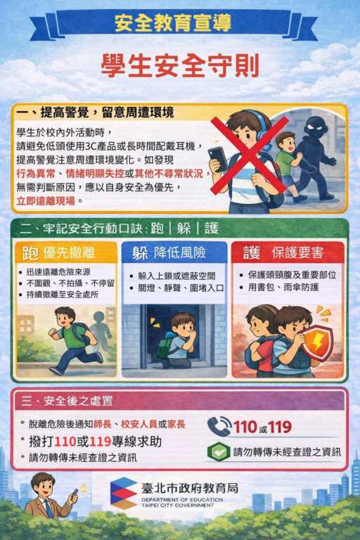 ▲面對近期社會安全事件，臺北市政府教育局以穩定學生情緒為出發點，彙整發布「學生安全守則」安全教育指引，提供學生在遇到相關狀況時可遵循的三大安全行動原則。
