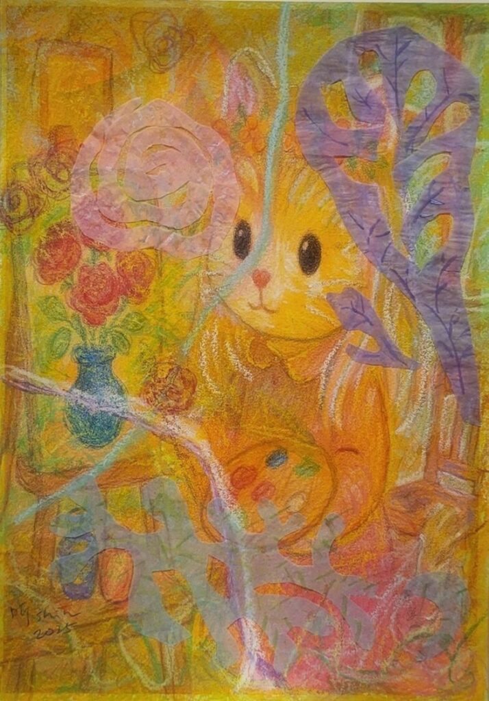 藝術家李昕於展場中呈現《疼。喜》系列作品,透過貓的意象回應病痛經驗,將身體脆弱轉化為創作能量。(圖/主辦單位提供)