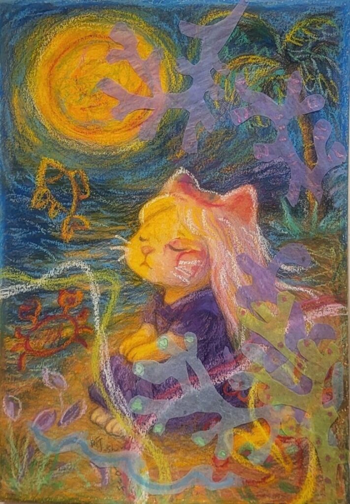 《疼。喜》系列作品以多變色彩與貓的造型為核心,象徵在癌症療程中對「美」與自我認同的重新詮釋。(圖/主辦單位提供)