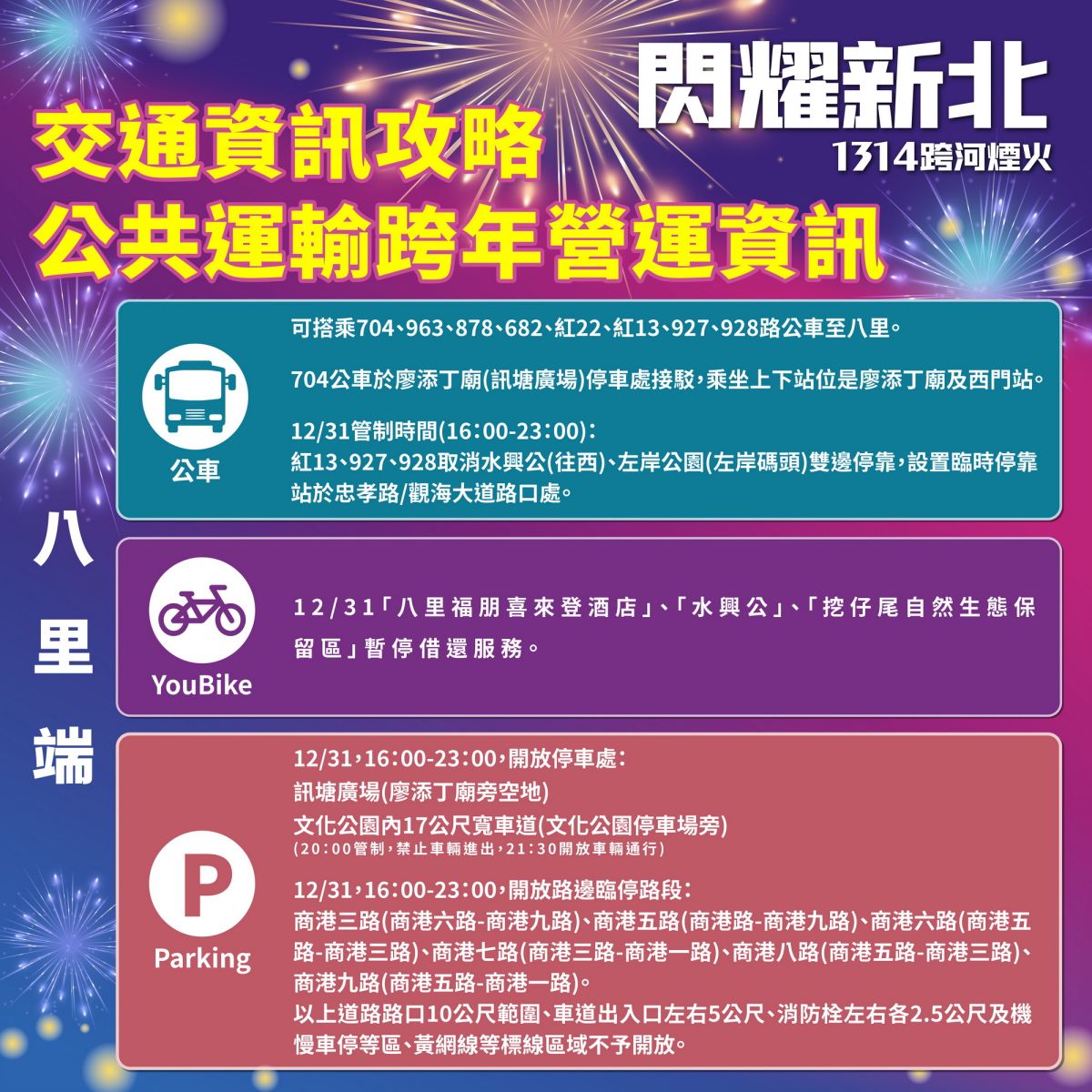 圖／12月31日「閃耀新北1314跨河煙火」活動期間，八里端公車配合交通管制調整停靠站位。（新北市政府文化局提供）