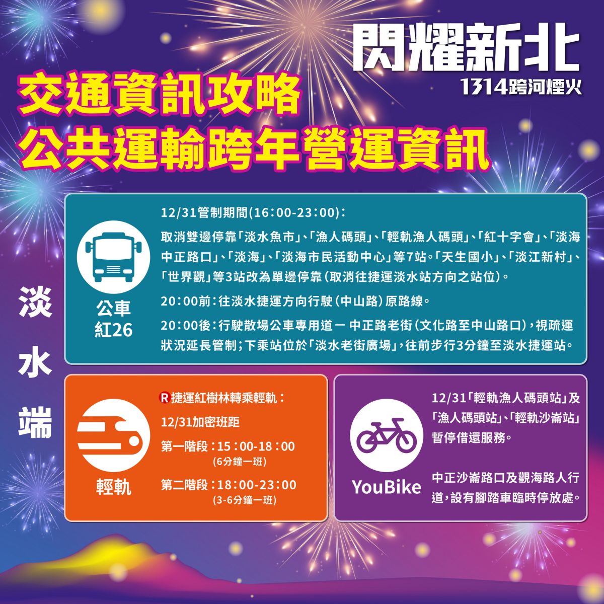 圖／前往淡水星光舞台的民眾，建議搭乘捷運、公車及淡海輕軌，12月31日活動當天，將加密班距並調整部分公車停靠站位。（新北市政府文化局提供）