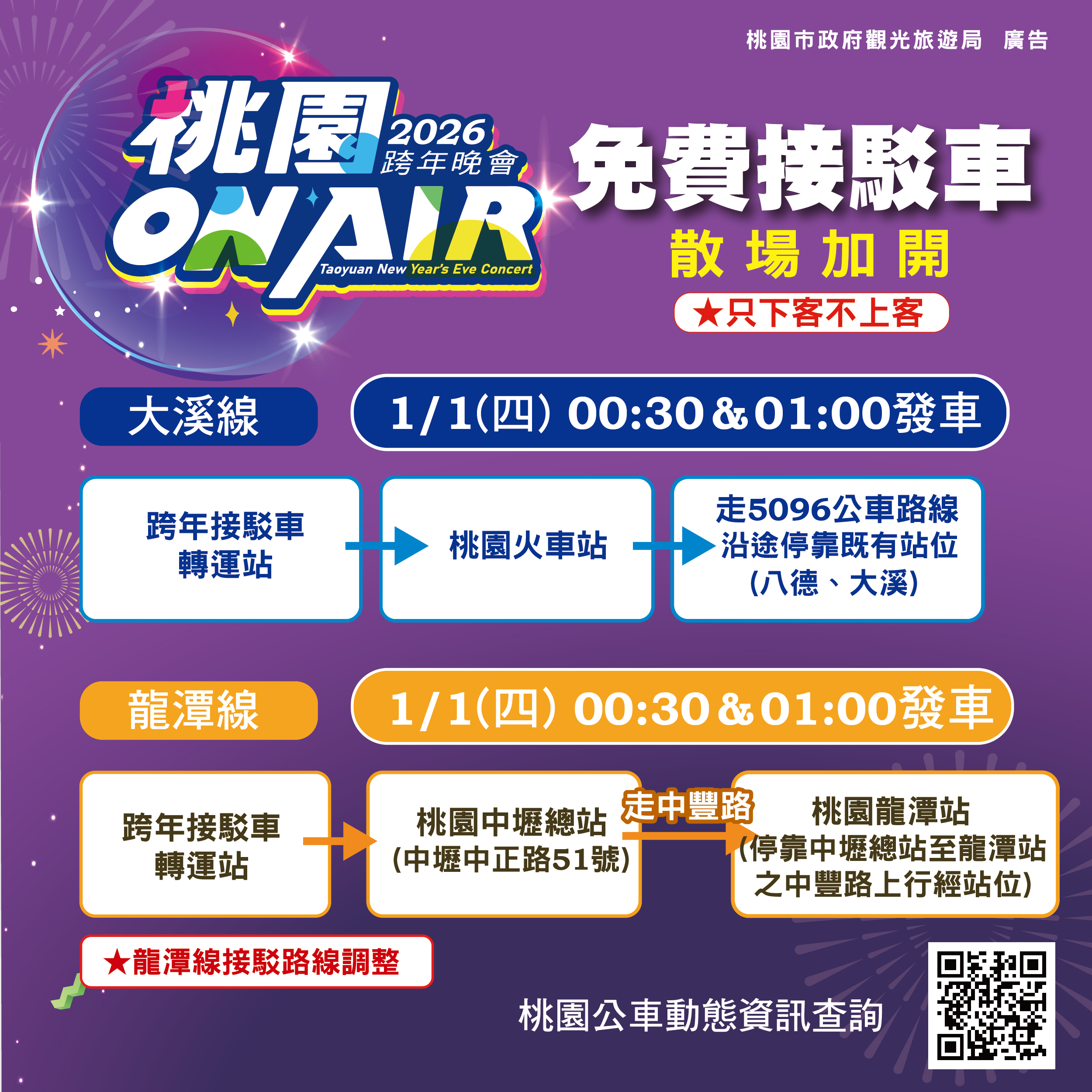 桃園跨年攻略一次看!Apink陪你迎接2026 禁攜帶行李箱進場 定稿桃跨圖卡01 免費接駁車2藍.黃 0 1