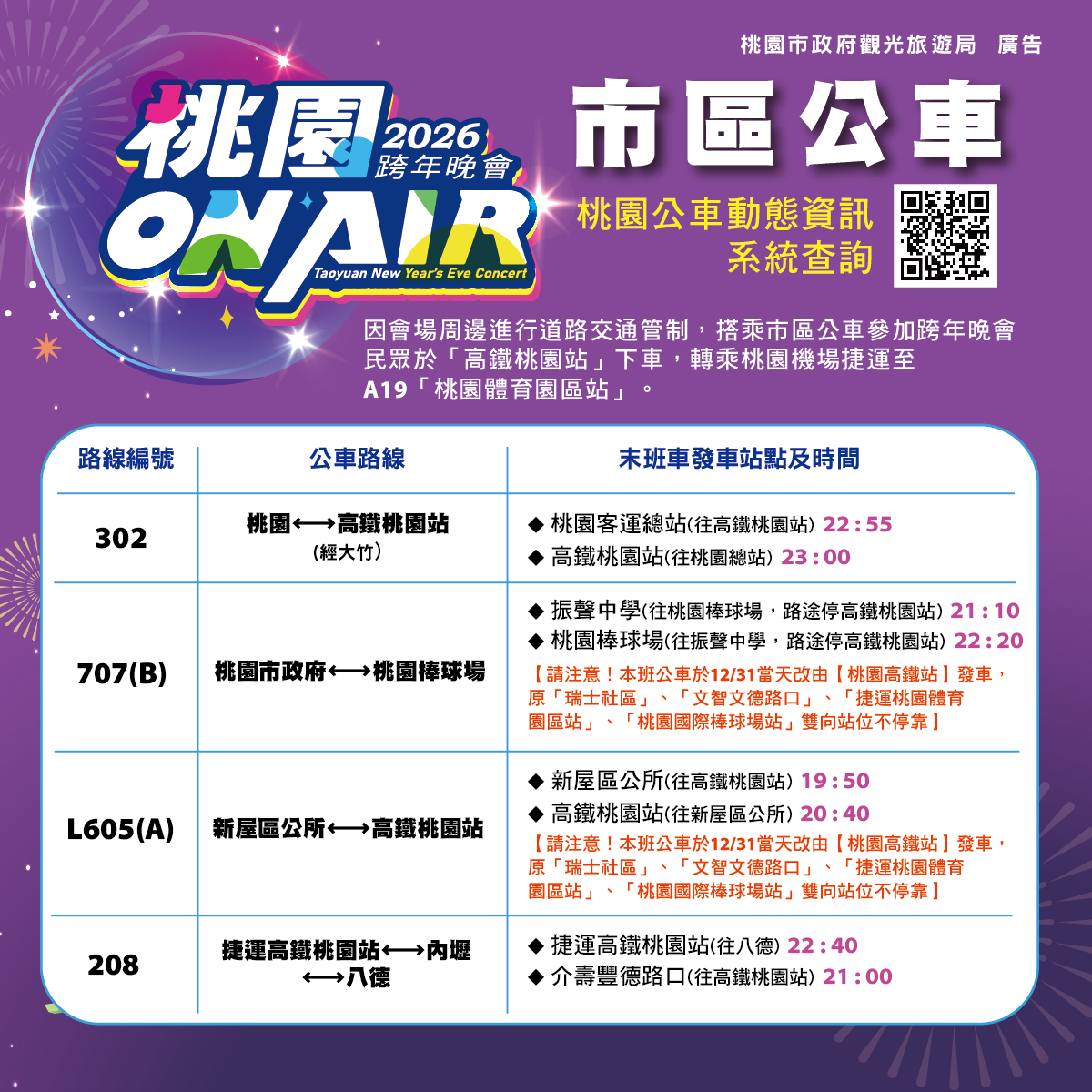桃園跨年攻略一次看!Apink陪你迎接2026 禁攜帶行李箱進場 定稿桃跨圖卡02 市區公車1 0 1