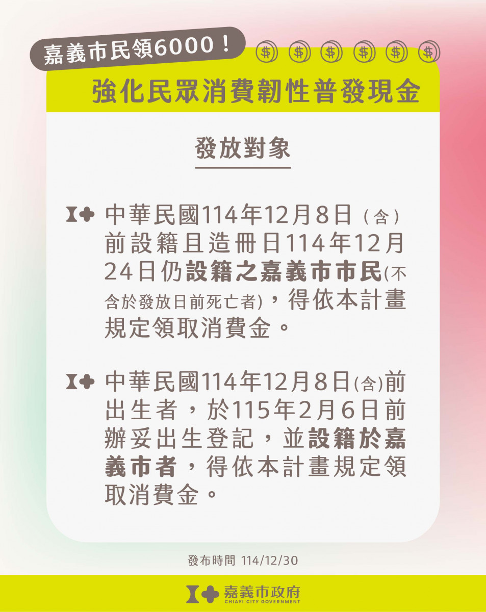 嘉義市加碼普發現金6000發放對象/嘉義市府提供