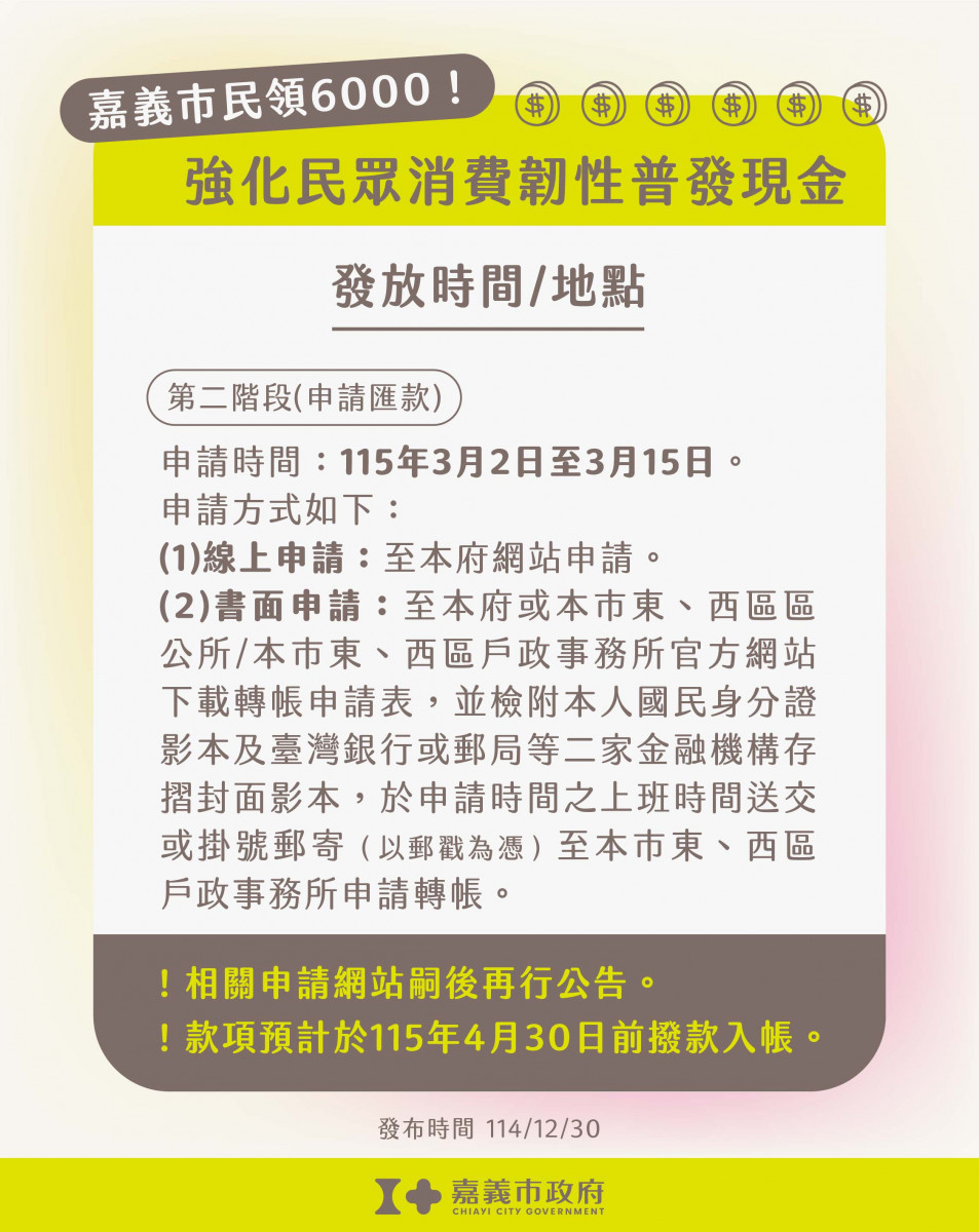 嘉義市加碼普發現金6000發放時間及地點/嘉義市府提供