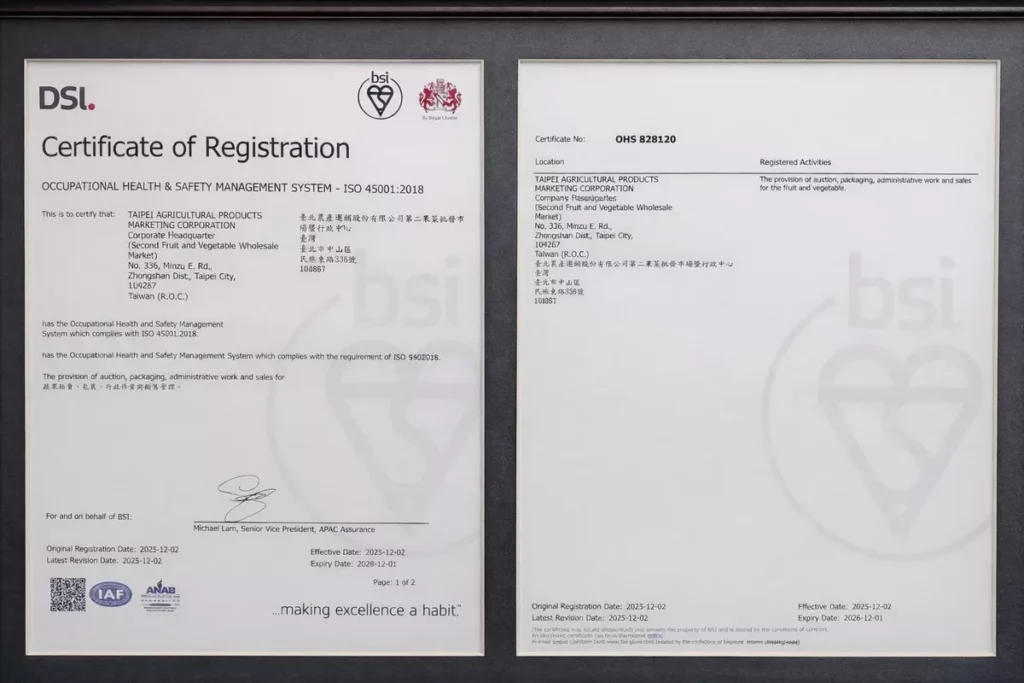 全國首個取得ISO 45001:2018 驗證的傳統市場與農產批發市場單位。