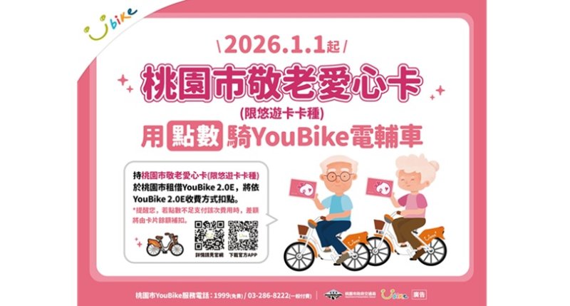 桃園市擴大敬老愛心卡使用範圍 115年起可扣點騎乘YouBike電輔車