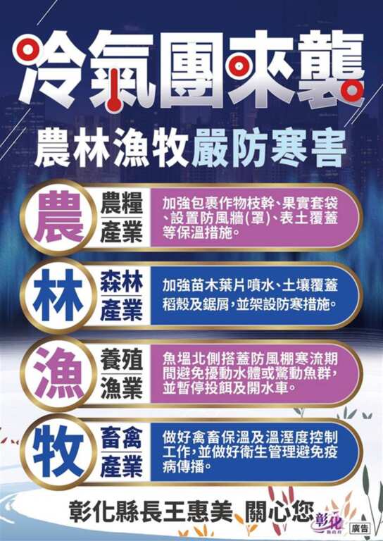 ▲強烈大陸冷氣團來襲,彰化縣府籲農漁牧業嚴防寒害。(圖/彰化縣政府提供)