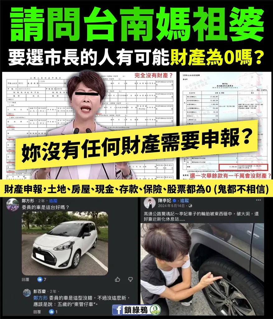臉書粉絲專頁「鎖綠鴉」發文指出若候選人申報資產為零,這些龐大的競選資源究竟從何而來?(圖片截取自臉書粉絲專頁「鎖綠鴉」)