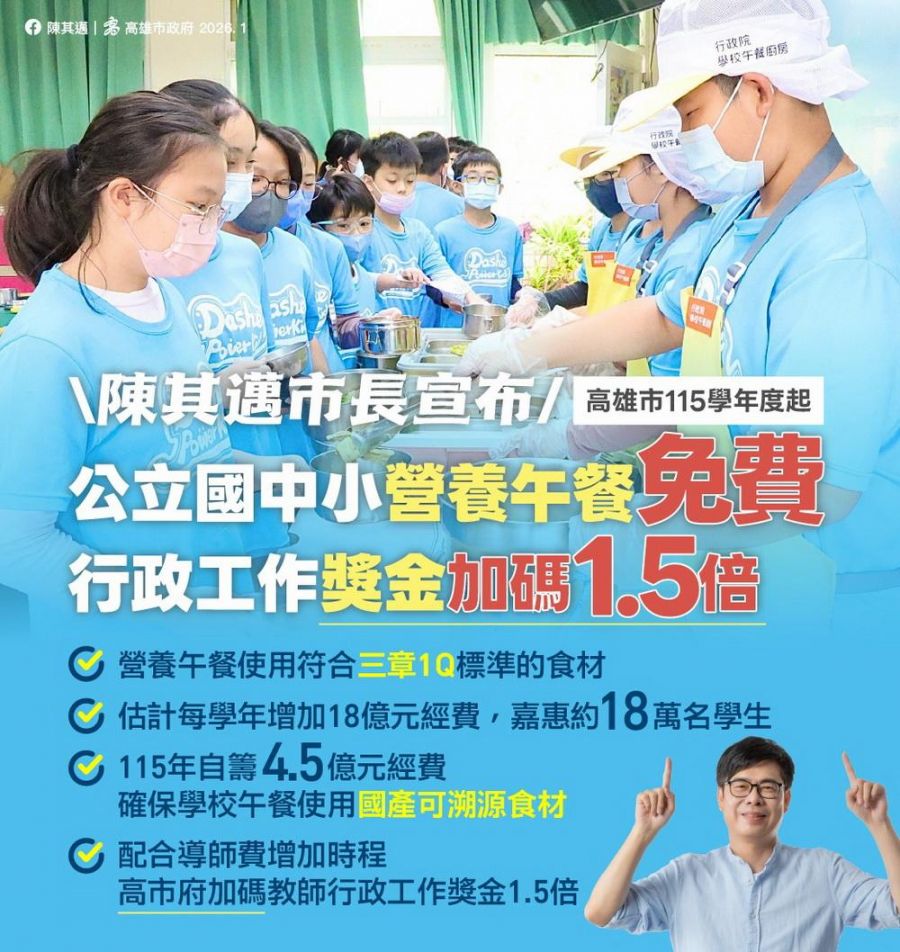 陳其邁宣布高雄公立國中小營養午餐免費 行政工作獎金加碼1.5倍