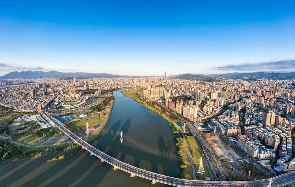 Taipei City Aerial View   Asia Business Concept Image, Panoramic Modern Cityscape Building Bird’s Eye View Under Daytime And Blue Sky, Shot In Taipei, Taiwan.