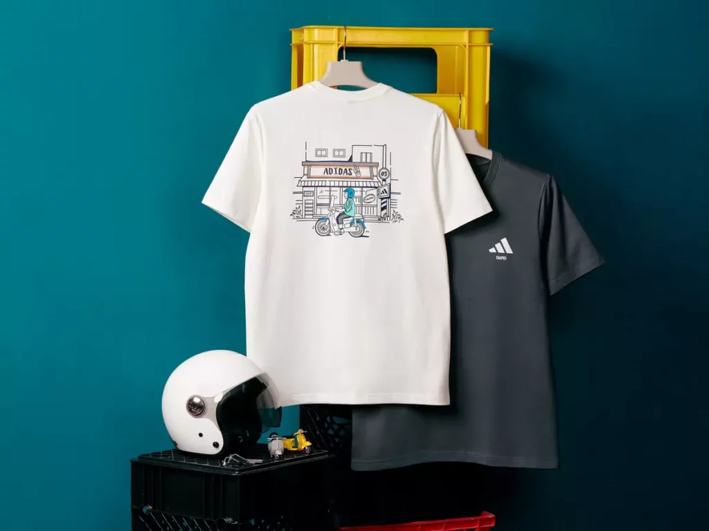 adidas把街頭最熟悉的路邊招牌、機車騎士通通化身為Q版插畫,服飾正面點綴台北獨有TAIPEI字樣