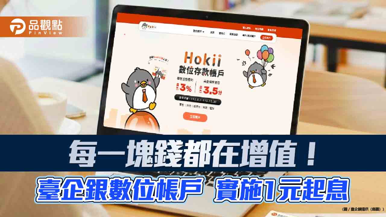 臺企銀Hokii數位帳戶「1元起息」!公股銀首創 優利活儲最高3%