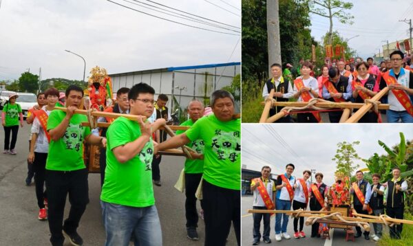 ▲銀同媽祖遶境24日來到楠西區關心受震災影響的居民，台南市民政局局長姜淋煌、立委陳亭妃、台南市議員周奕齊、楠西區區長何榮長等人到場接駕。（圖／主辦單位提供）