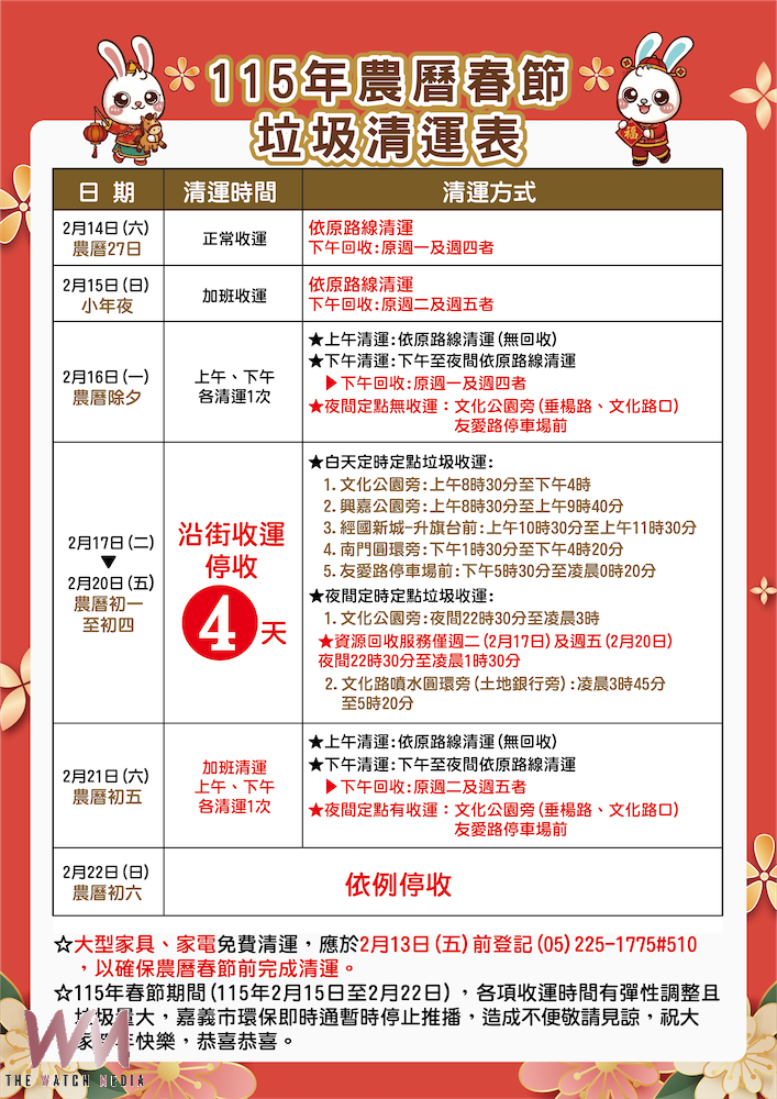 嘉義市政府因應農曆新年,規劃年前除舊布新與新年期間垃圾清運日程。(圖/嘉義市政府提供)