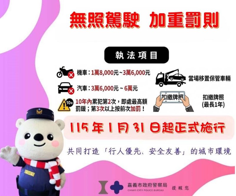 無照駕駛重罰新制今上路 嘉市警首日移置保管13輛車